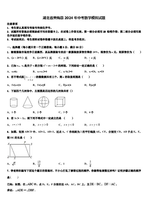 湖北省黄梅县2024届中考数学模拟试题含解析