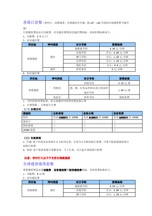 移动香港漫游资费