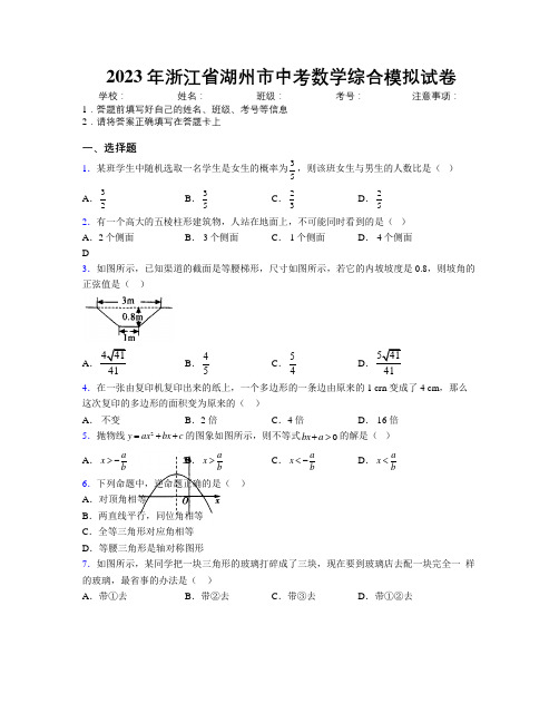 2023年浙江省湖州市中考数学综合模拟试卷附解析