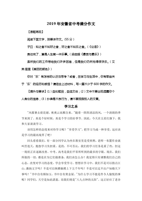 2019年安徽省中考满分作文《学习之乐》