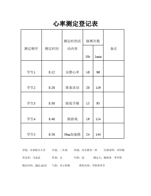 心率测定登记表