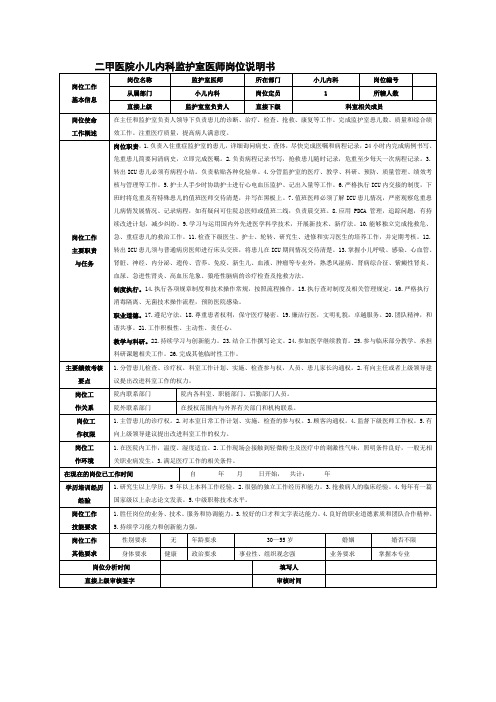 二甲医院小儿内科监护室医师岗位说明书