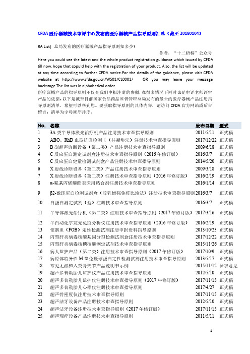 CFDA医疗器械技术审评中心发布的医疗器械产品指导原则汇总(截至20180104)