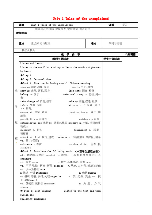 江苏省新沂市第二中学高三英语 专题复习 Unit 1 Tales of the unexplained(第1课时)教案 牛津译林版必修2