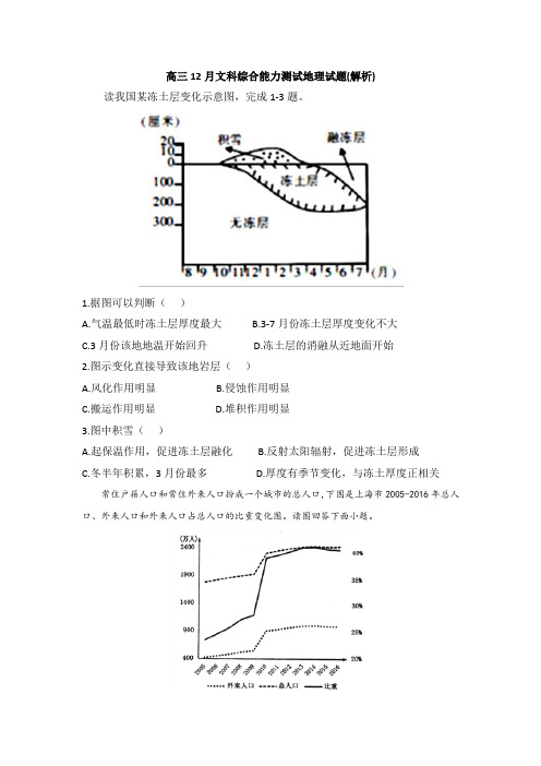 2019届高三12月月考文综地理试题(解析)