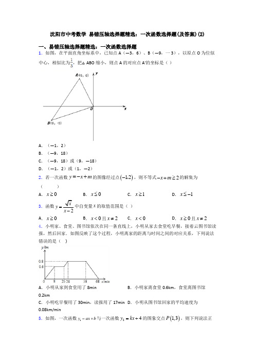 沈阳市中考数学 易错压轴选择题精选：一次函数选择题(及答案)(2)