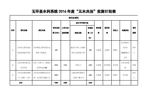 玉环水利系统2016五水共治实施计划表