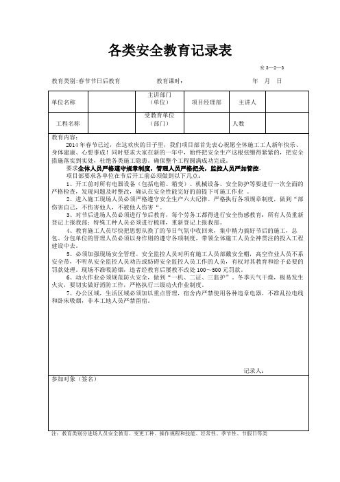 各类安全教育记录表(春节后)