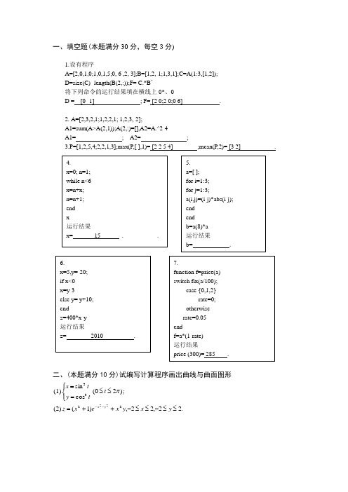 matlab期末考试试卷及参考答案