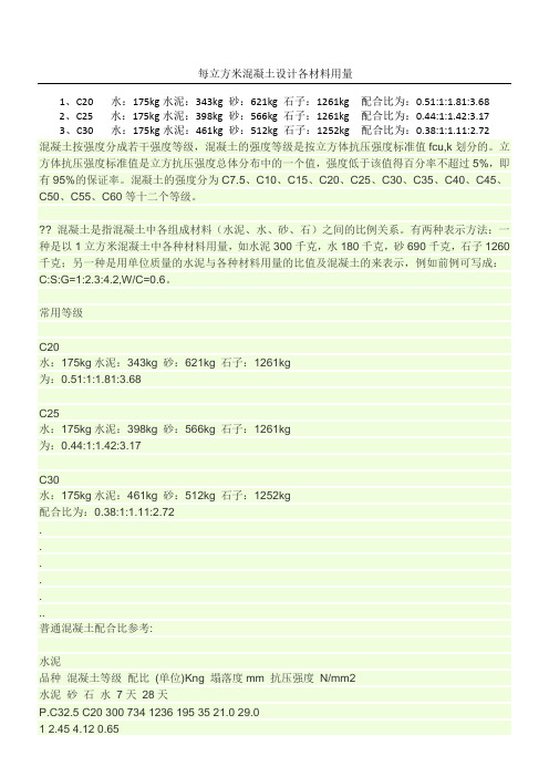 每立方米混凝土各材料用量