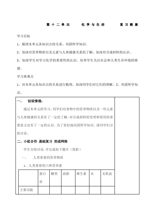 第十二单元化学与生活 复习教案