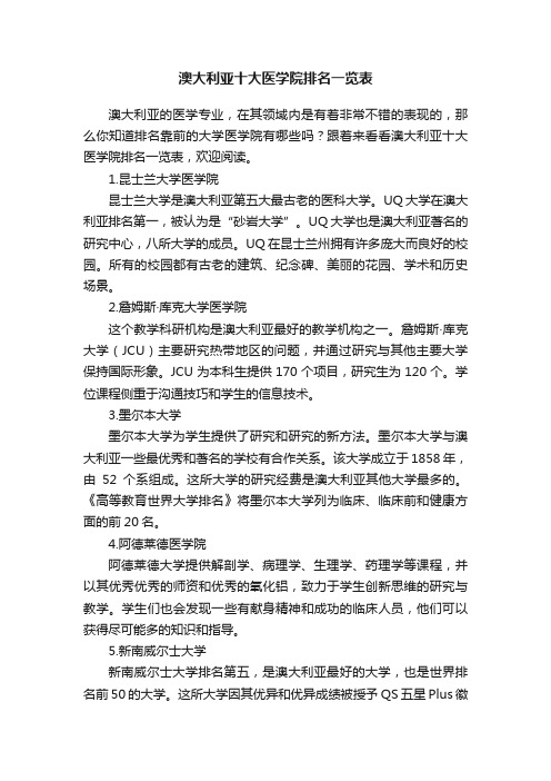 澳大利亚十大医学院排名一览表