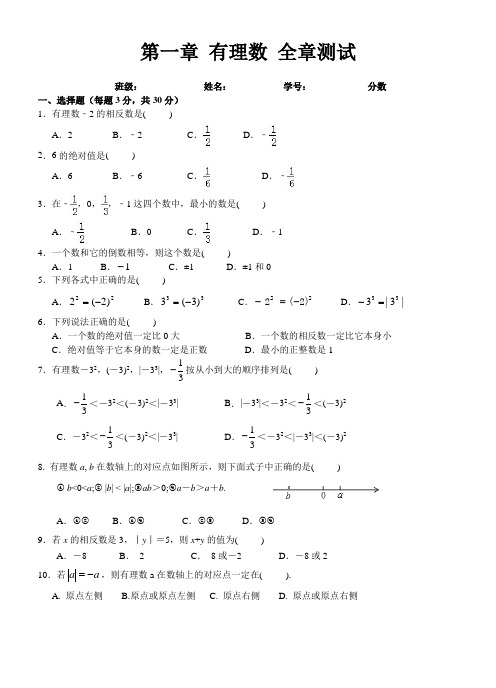 最新人教部编版初一七年级数学上册第一章有理数全章测试含答案