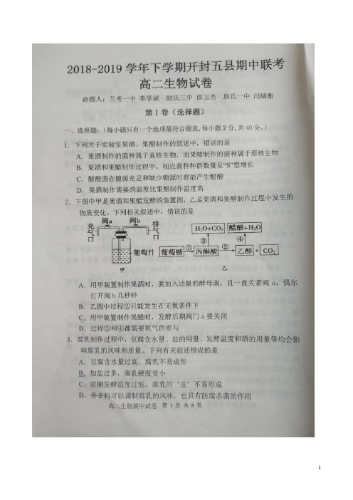 2018-2019学年河南省开封市五县高二下学期期中联考生物试题(扫描版)