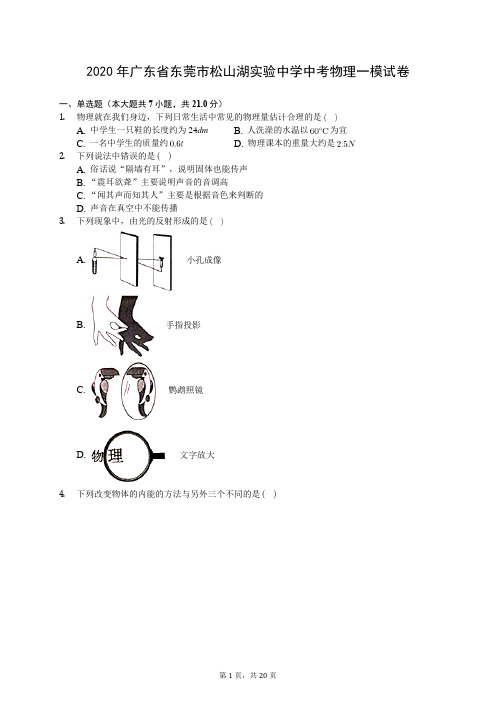 2020年广东省东莞市松山湖实验中学中考物理一模试卷(有答案解析)