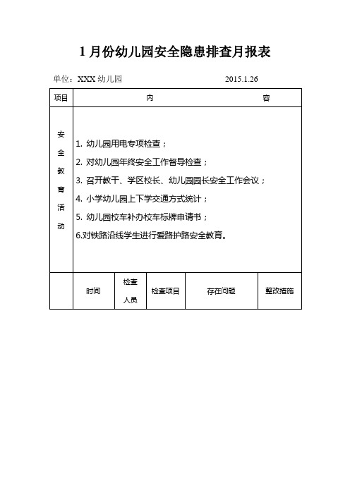 1月份幼儿园安全隐患排查月报表