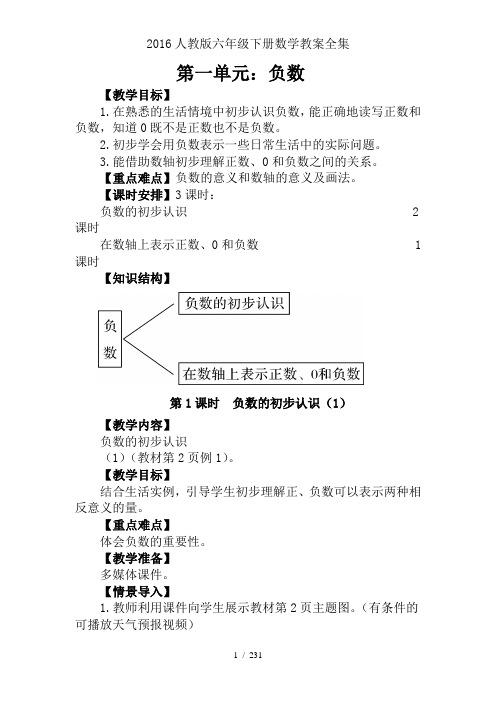 2016人教版六年级下册数学教案全集