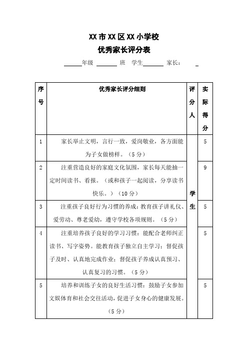 XX学校优秀家长评分细则及申报表