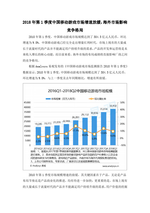 2018年第1季度中国移动游戏市场增速放缓,海外市场影响竞争格局