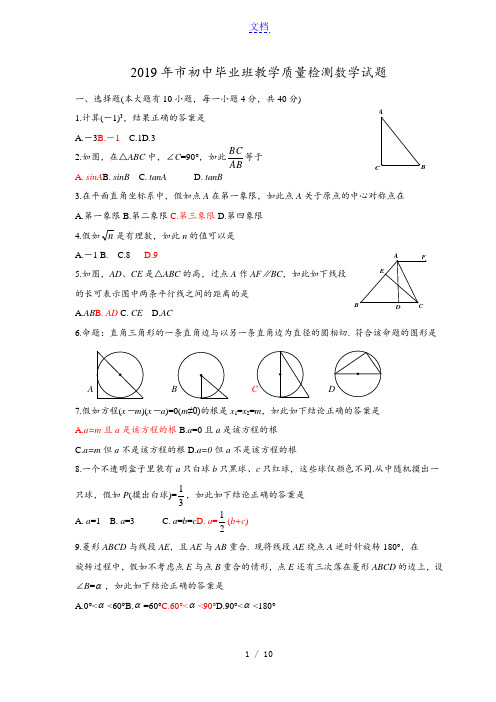 福建省厦门市2019年质检数学卷及问题详解