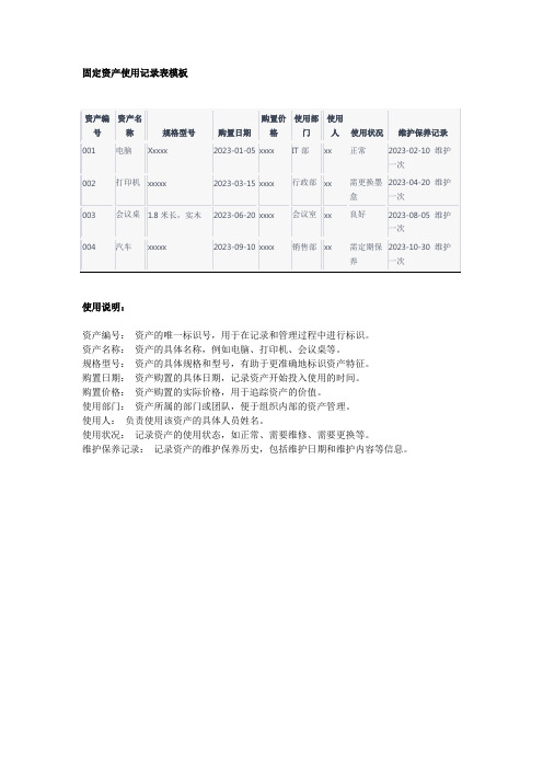 固定资产使用记录表模板