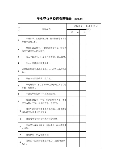 学生评议学校问卷调查表