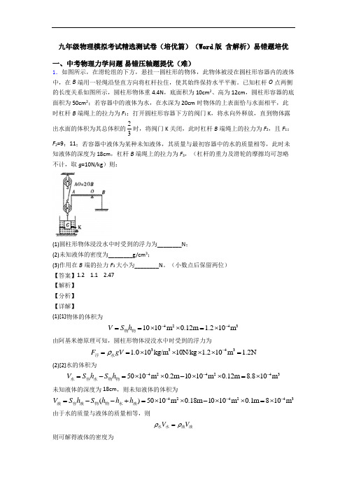 九年级物理模拟考试精选测试卷(培优篇)(Word版 含解析)易错题培优