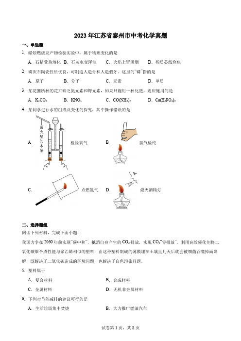 2023年江苏省泰州市中考化学真题