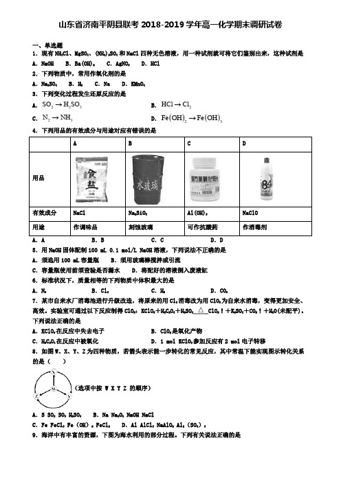 山东省济南平阴县联考2018-2019学年高一化学期末调研试卷