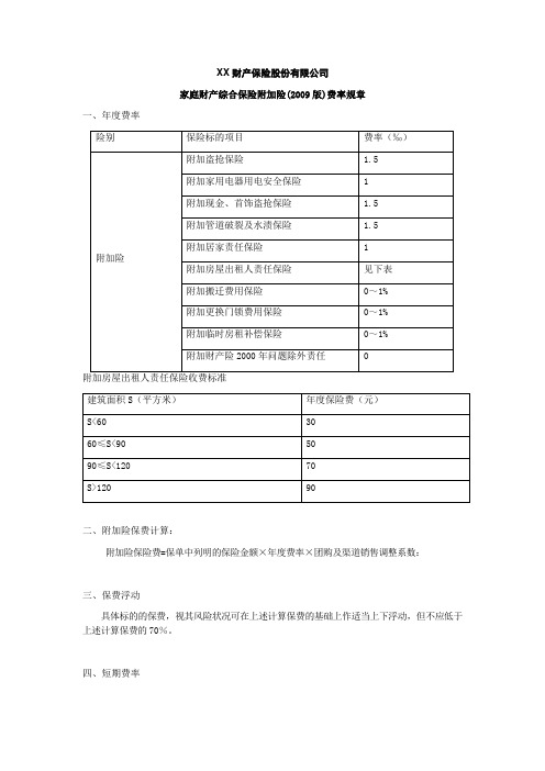 -家庭财产综合保险附加险条款(2009版)的费率 保险基础知识学习资料 条款产品开发