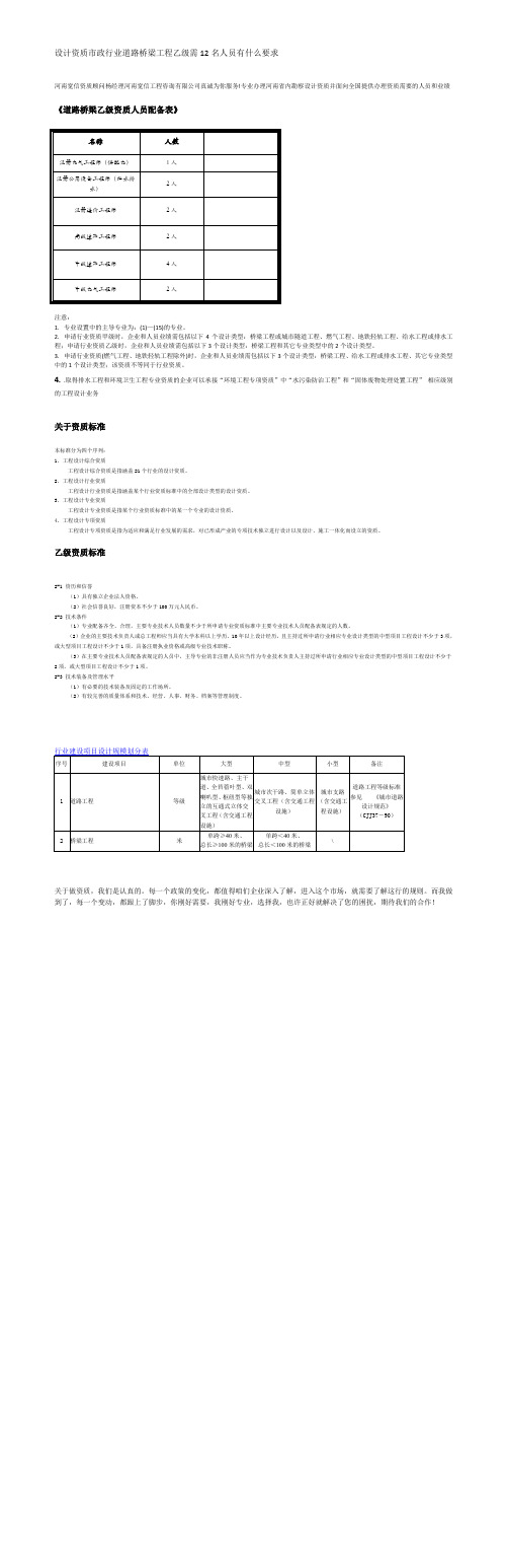 设计资质市政行业道路桥梁工程乙级能承接的项目规模