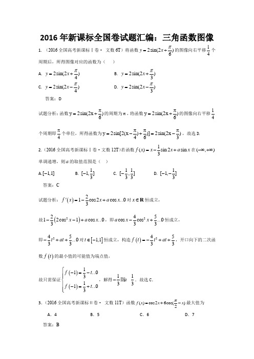 2016年新课标全国卷试题汇编：三角函数图像  老师专用