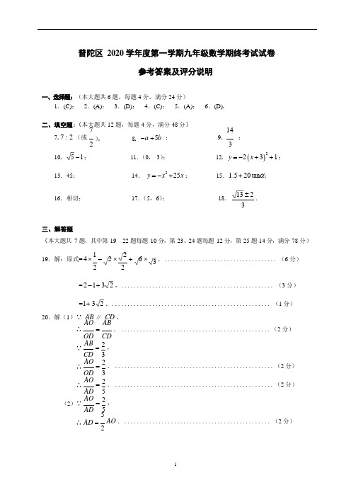 普陀区 2020 学年度第一学期九年级数学期终考试试卷 普陀区一模卷答案