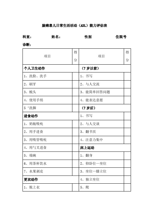 脑瘫患儿日常生活活动能力评估表