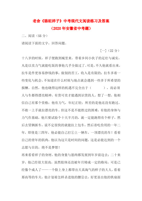 老舍《骆驼祥子》中考现代文阅读练习及答案(2020年安徽省中考题)