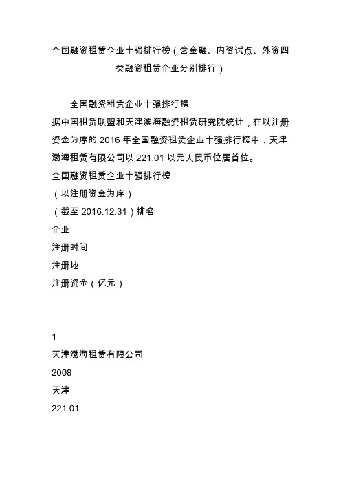 全国融资租赁企业十强排行榜(含金融内资试点外资四类融资租赁企业分别排行)