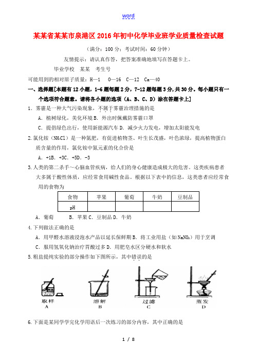 初中化学毕业班学业质量检查试题-人教版初中九年级全册化学试题