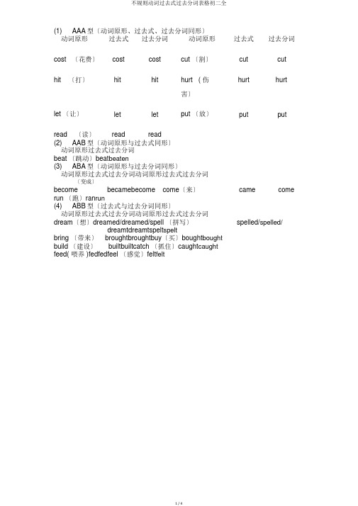 不规则动词过去式过去分词表格初二全