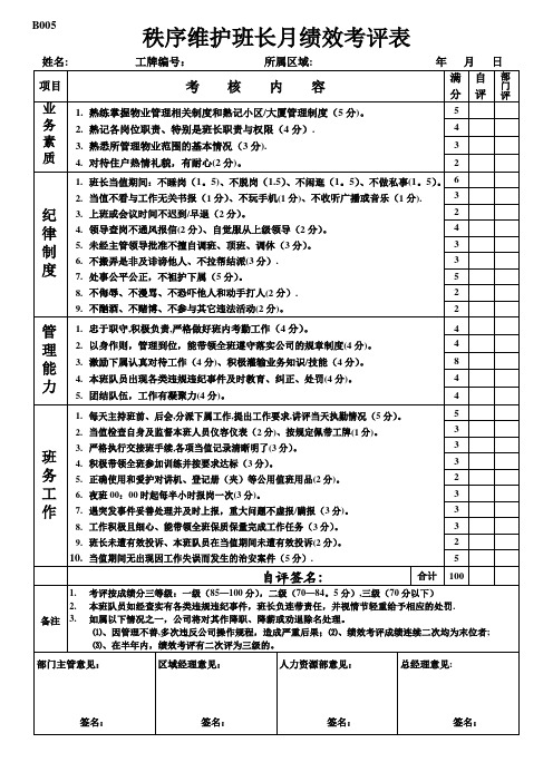 秩序维护班长月绩效考核表