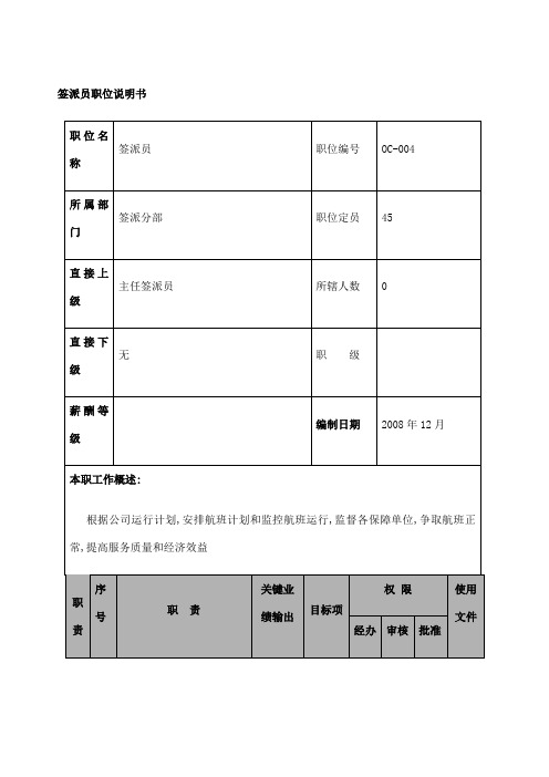 航空物流公司签派员职位说明书及关键绩效标准