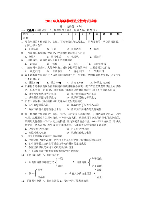 2006年九年级物理适应性考试试卷 新课标 人教版