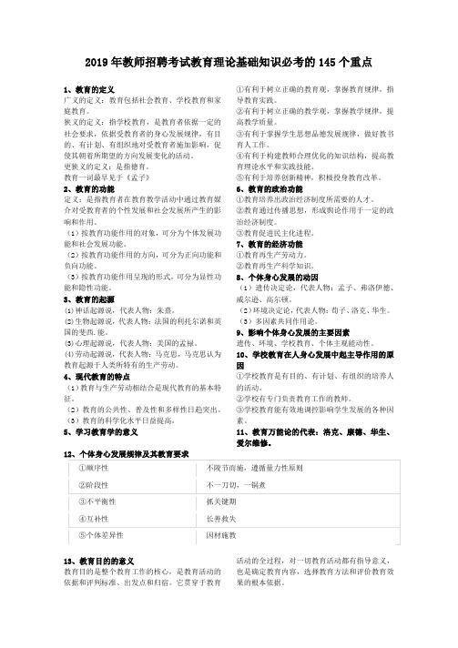 2019年教师招聘考试教育理论基础知识必考的145个重点