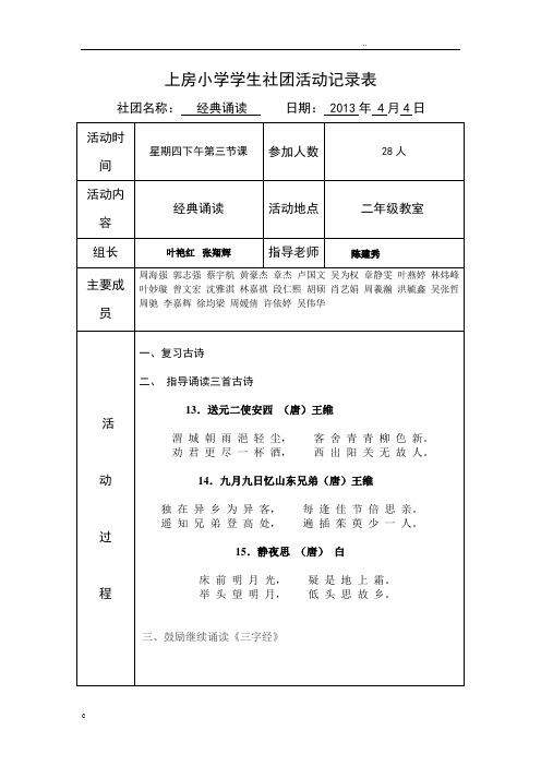 经典诵读社团活动记录表