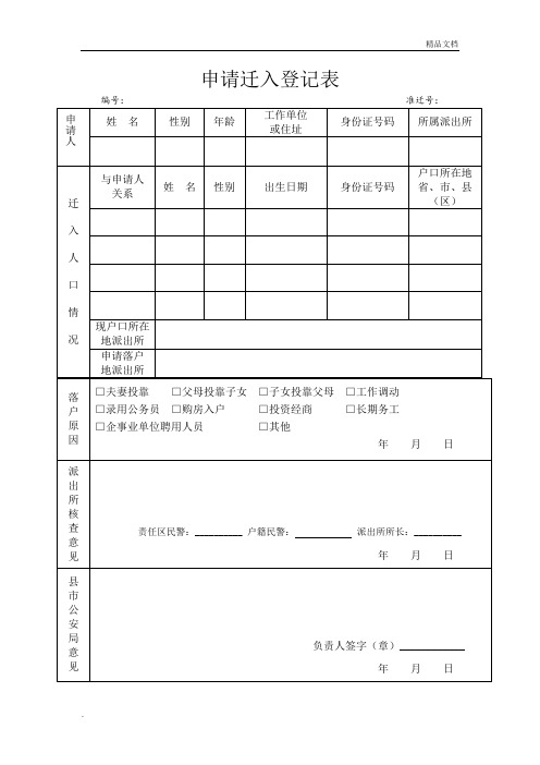 申请户口迁入登记表