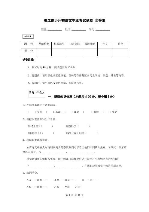 湛江市小升初语文毕业考试试卷 含答案