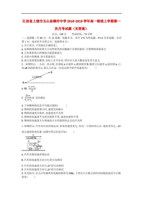 江西省上饶市玉山县樟村中学高一物理上学期第一次月考试题(无答案)