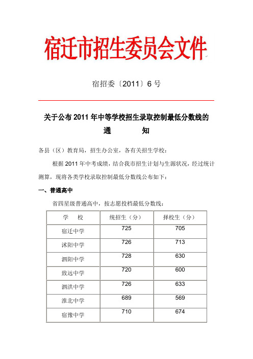 江苏省宿迁市2011年中等学校招生录取控制最低分数线