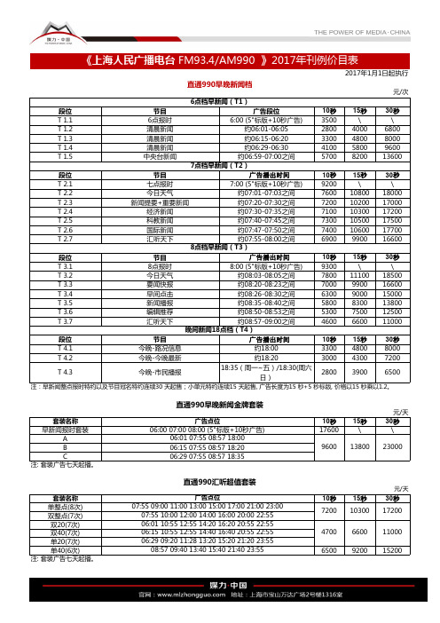 2017年FM93.4上海人民广播电台刊例表(2017年1月1日起执行)