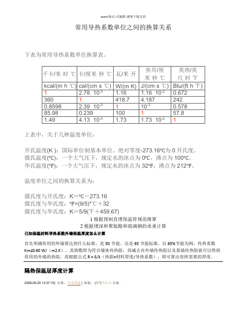 常用导热系数单位之间的换算关系