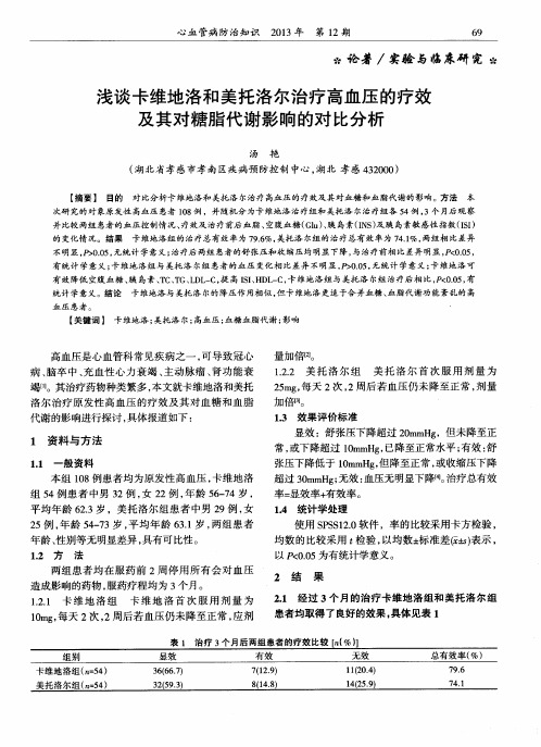 浅谈卡维地洛和美托洛尔治疗高血压的疗效及其对糖脂代谢影响的对比分析